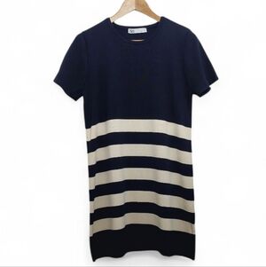 Zara Women's Size Large Dress Knit Navy Blue Cream Mini Striped